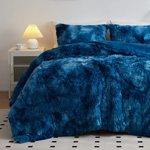 Wajade Juego de edredón de Piel sintética de teñido Anudado Azul y Blanco, Juego de Ropa de Cama mullida y Peluda, 3 Piezas, Juego de edredón de Microfibra Suave y cálida