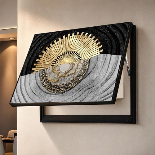 Image of Electric MCB Box Cover Frame With Hydraulic Decorative Gold Textured Sun Painting Electrical Panel box Cover, Switch Box Frame Will Fit Max 15x20 inch Switch Board, Outer Box Size 17X23 Inch