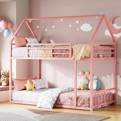LIKIMIO Bunk Bed Twin XL Over Twin XL, Metal Bunk Bed Frame with Ladder and Guardrail, House Shaped with Metal Slats for Dormitory and Bedroom, Space Saving, No Box Spring Needed, Pink