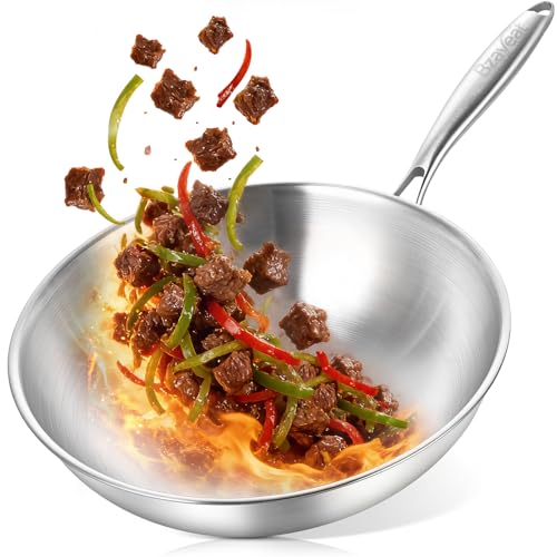 Bzayeat 12 Inch Tri-Ply Stainless Steel Wok Pan Uncoated Wok for Stir Fry