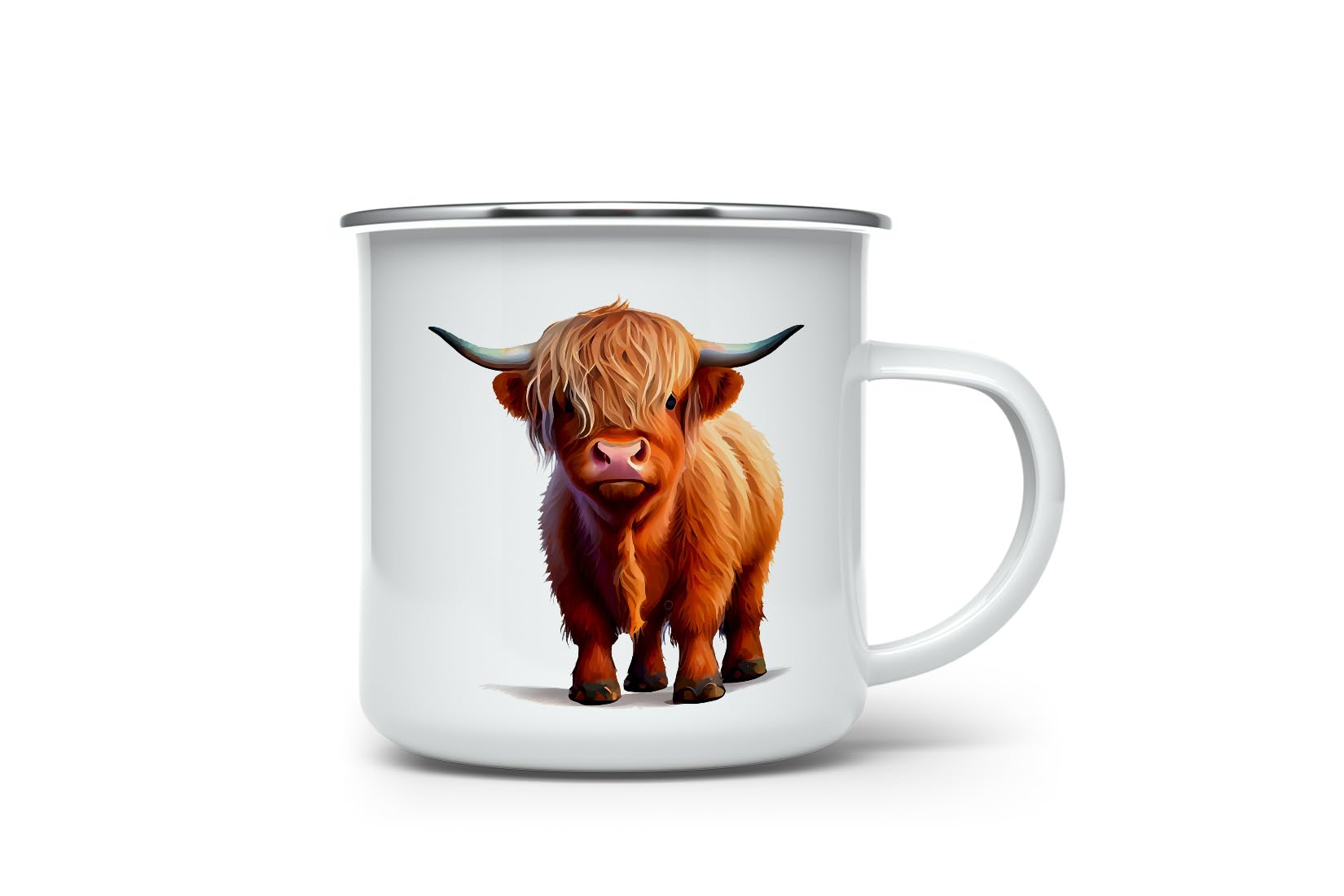 MAXIKIWI - Durable Enamel Coffee or Tea Camping Mug for Indoor Outdoor Use - Cute Highland Cow Watercolor - 350ml
