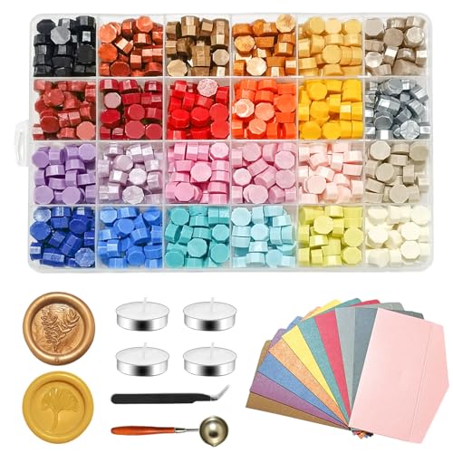 Wachs Achteckig Wachssiegel Set, 24 Farbe Siegelstempel 720 Stück siegelwachs Perlen, für Vintage Siegellack und Brief, Einladungen, Karten, Paket Geschenk Siegelwachs Set (Satz A)