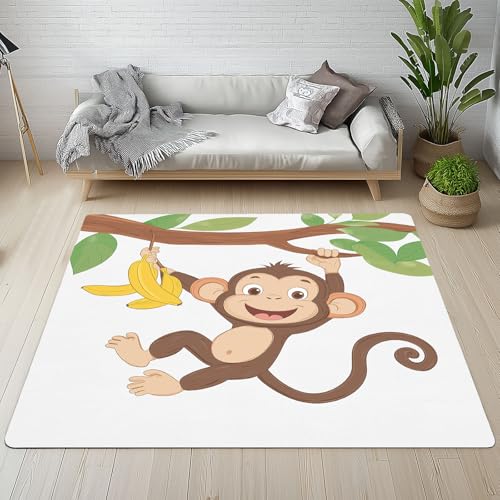 Xuxangti Monkey Banana Area Rug 3x5, Funny Cartoon Animal Door Mat, Home Decor Small Rug, Jungle Safari Animal Carpet, Low Pile Machine Washable Soft Non Slip Rugs for Front Indoor Entryway