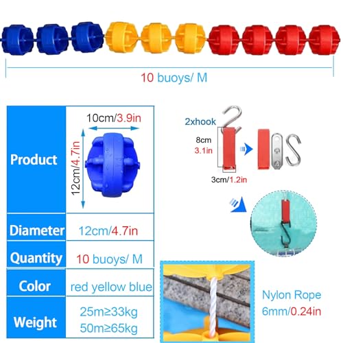 Swimming Pool Safety Rope Float Lane Divider 5 10 20 25 30 35 40 45 50 60 M Long?Competition Divider Line with 2 Hooks for Landscape Pool/Water Park(Size:24m/78.7ft)