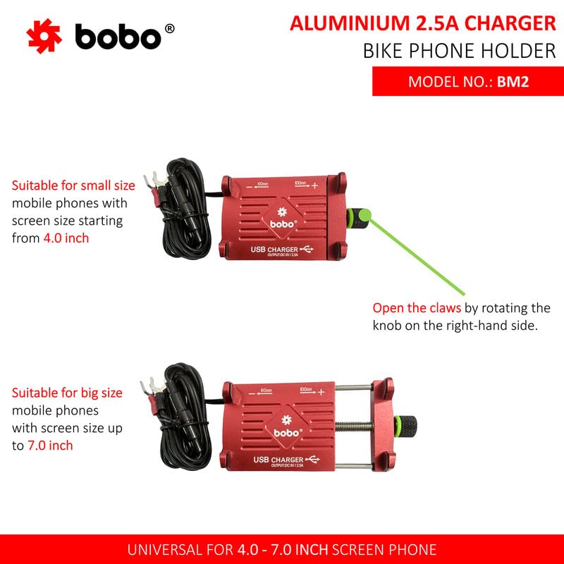 Image of BOBO BM2 Aluminium Waterproof Bike /Motorcycle /Scooter Mobile Phone Holder Mount with 2.5A USB Charger, Ideal for Maps and GPS Navigation (Red)