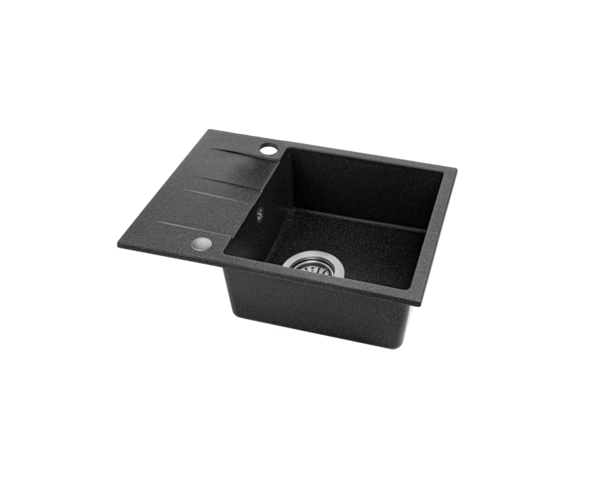 VBChome Fregadero con grifo, 56 x 44 cm, color negro, granito, empotrable, reversible, de granito, negro, con grifería, acero inoxidable