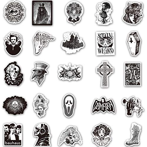 50 Adesivi Gotici Horror Bianco E Nero - Impermeabili Per Laptop, Borracce, Valigie, Skateboard
