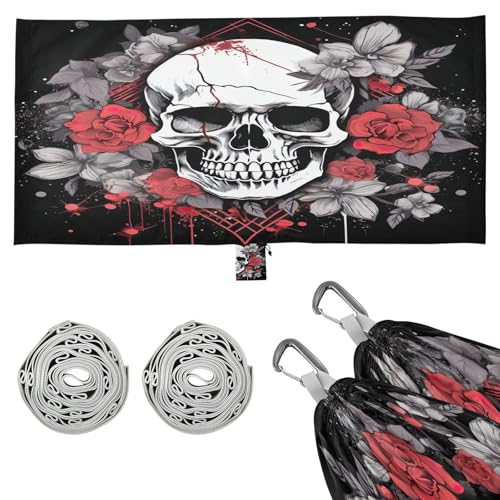 SDMKA Skull with Flowers Camping Hammock, 330 lbs with 2 Tree Straps, Carry Bag, Single Portable Hammock for Outdoor/Indoor, Hiking, Beach, Backpacking, Travel
