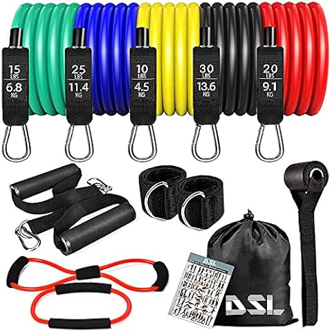 DSL 14PC Resistance Bands Set, Fitness Workout Bands with Fitness Tubes, Foam Handles, Ankle Straps, Door Anchor for Home Gym Fitness, Physical Therapy, Yoga, Up to 100 lbs Cover