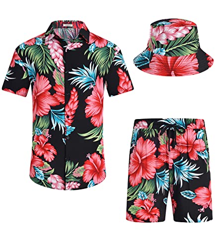 EISHOPEER Men's Flower Hawaiian Sets Casual Short Sleeve Shirt and Shorts Suits Outfits with Bucket Hats
