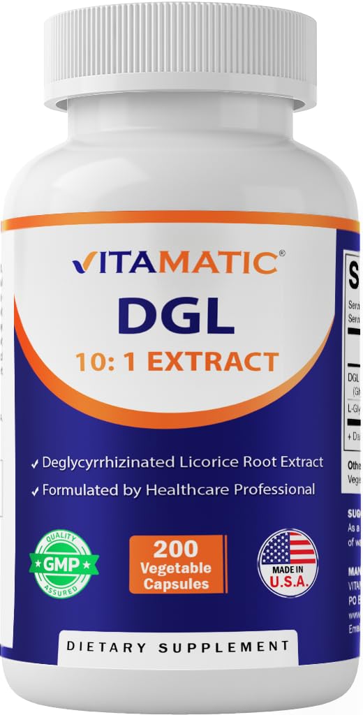 Vitamatic DGL Licorice 10:1 Extract 380mg with L-Glycine 50mg per Capsule – Plant-Based Capsules – Concentrated Herbal Supplement – Vegetarian, Non-GMO – 200 Counts