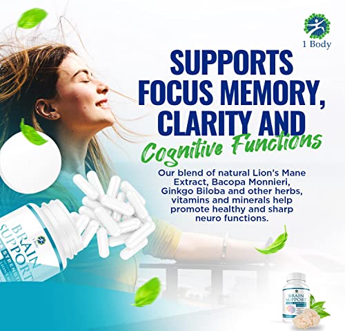 1 Body Brain Support Focus Supplement Pills - Support Healthy Brain Function With Nootropics, Improve Memory And Boost Focus - Alpha Gpc, Lions Mane Extract, Bacopa Monnieri #TOP5