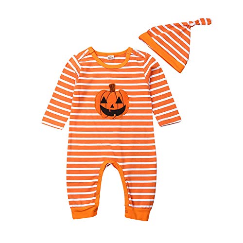 Infant Baby Boys Girls Halloween Jumpsuit Romper Pumpkin Stripe Long Sleeve Bodysuits Hat Headband (18-24 Months, Boy)