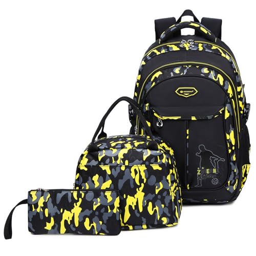 ZHIERNA Mochila escolar para crianças e adolescentes, mochila escolar, mochila infantil, mochila camuflada, mochila juvenil, mochila escolar, mochila com bolsa de almoço e estojo, Amarelo