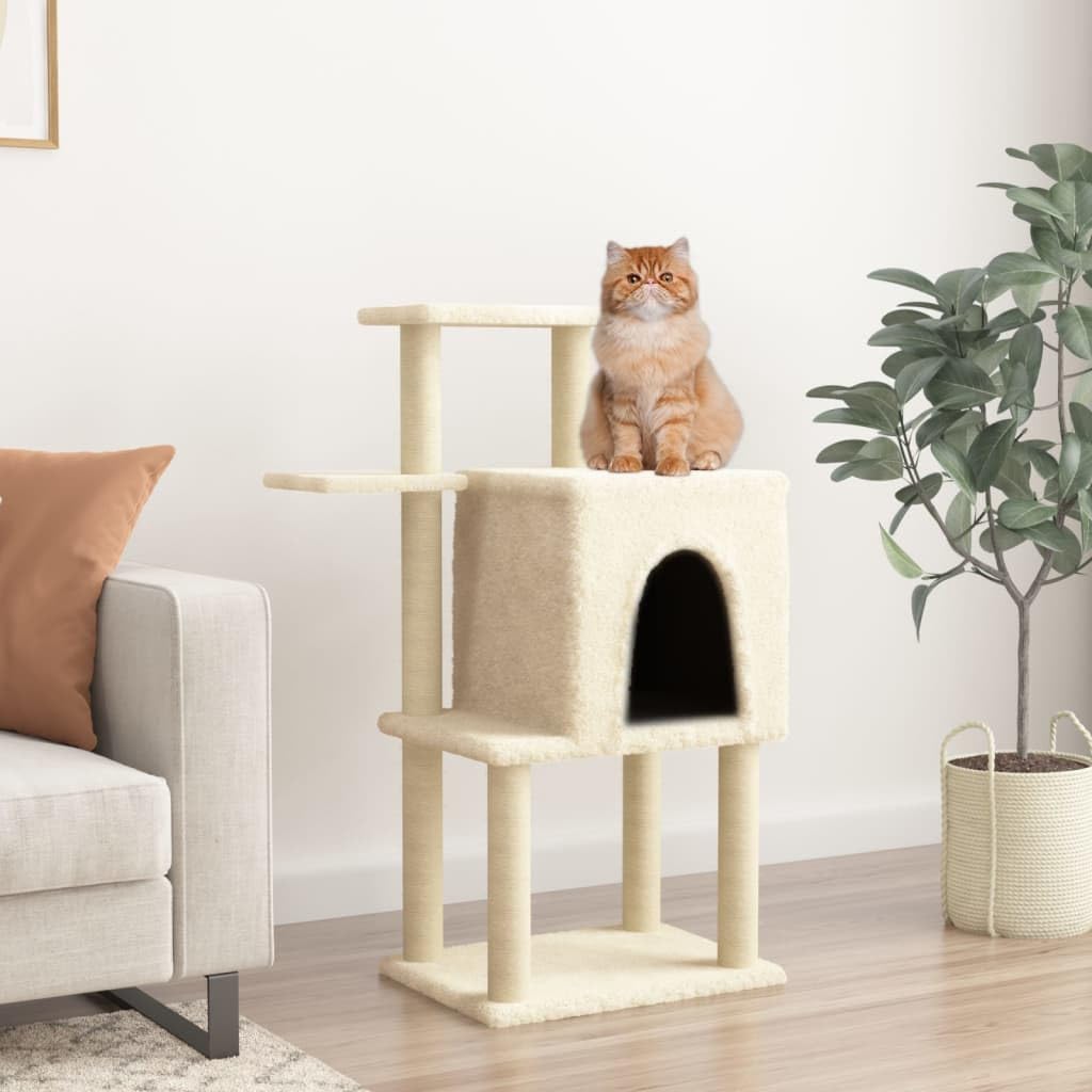 Kratzbaum mit Sisal-Kratzsäulen und Katzenhaus, 97 cm hoher Katzenbaum aus Holzwerkstoff und Plüsch, Kletterbaum für Katzen zum Klettern und Ausruhen, Creme