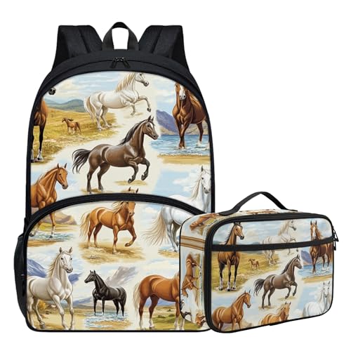 Kids Cute Animal Print 17 Inch School Bag with Insulated Lunch Bag Horse Backpack for Girls Boys 6-8 8-12 Lightweight School Backpack with Lunch Box