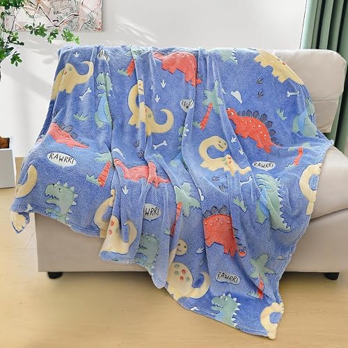 Image of TONY STARK ULTRAAGLOW Glow in The Dark Blanket for Kids (0-15 Years, 200x152 Cm) Soft Flannel Fleece Throw, Cozy & Warm All-Season Radium Blanket, for Boys & Girls (Prehistoric Snooze)