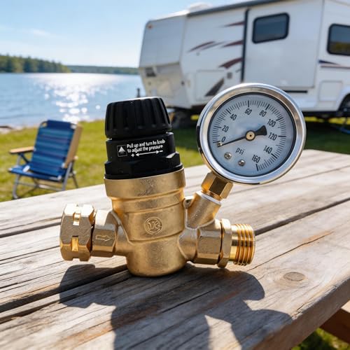 Image of VANCOCO RV Water Pressure Regulator Valve with Gauge, 3 /4 inch NH Thread 45-160 PSI Adjustable Pressure Water Regulator with Tool-Free Handle for RV Camper Travel Trailer