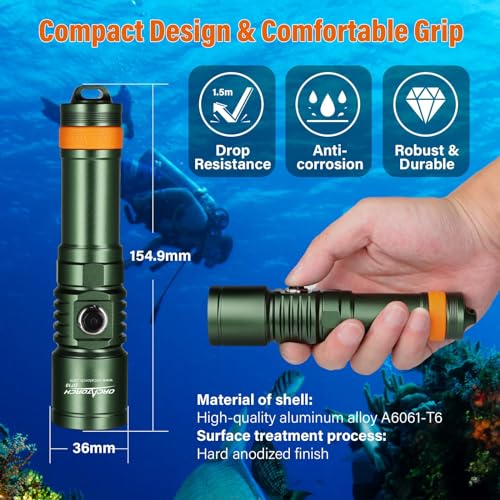 Image of ORCATORCH D710 Scuba Diving Light, 3000 Lumens Super Bright Underwater Flashlight with 6 Degrees Narrow Beam, IP68 Waterproof Night Dive Torch 150 Meters Submersible Light (Green)