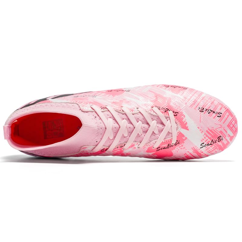 High Top Soccer Cleats, Professional Training Shoes, Anti-Slip Rubber Sole, Pink/Black, Long Spikes for Grass Field4
