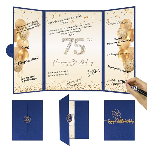 Image of DARUNAXY Blue Gold 75th Birthday Party Decorations, Blue Happy 75th Birthday Alternative Signature Guest Book for Men Women Cheers to 75 Years Old Gifts 75 Birthday Signing Card Board Party Supplies