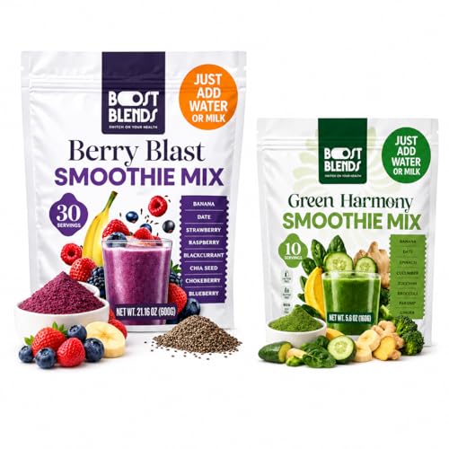 Boost Blends Smoothie Mix Bundle – Berry Blast 30 Servings + Green Harmony 10 Servings, Freeze-Dried Fruit & Veggie Smoothie Powder, Just Add Water or Milk