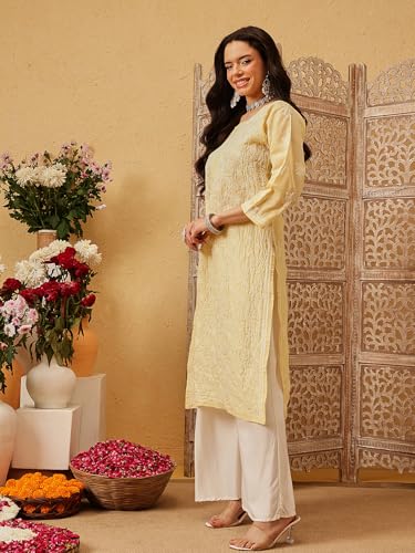 Image of Ada Women's Cotton Straight Fit Straight Hand Embroidered Lucknowi Chikankari Kurta Kurti A411165