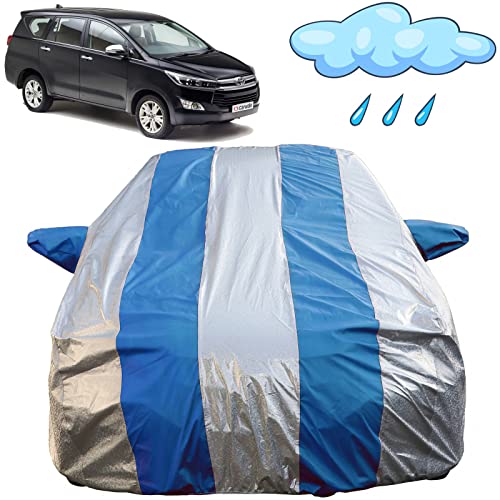 Image of Autofact Waterproof Car Body Cover Compatible with Toyota Innova Crysta (2016 to 2022) with Mirror Pockets (Blue Stripes with Shinning Silver Fabric /Waterproof Cover)