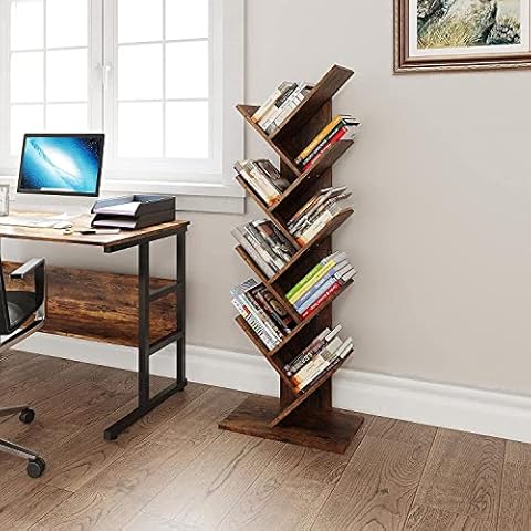YITAHOME Tree Bookshelf, Floor Standing Book Shelf, Rustic Brown Industrial Wooden Shelves Bookcase, Display Storage Shelving Units for Living Room / Home / Office - Rustic Brown Book shelves Cover