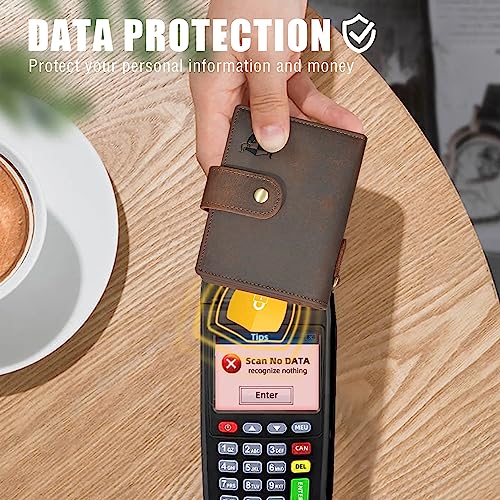 Oil Wax Genuine Leather Travel Gift Coin Pocket Card Case Vertical Chain Rfid Wallet Purse With Snap For Men Male 1804 (1804 Dark Brown)3