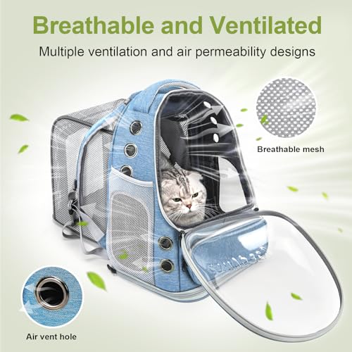 Image of Cat Backpack Carrier, Breathable Cat Carrier Large Space Bubble Pet Backpack for Kitty Small Dog up to 15lbs, Transparent & Foldable Pet Carrier for Travel Hiking (Square Expandable- Blue)