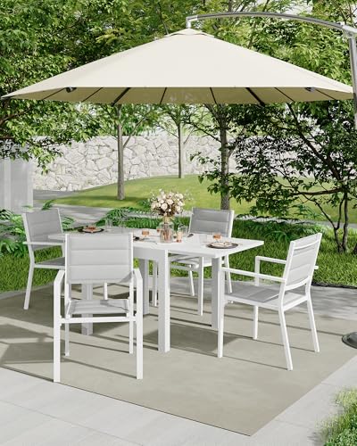 White Outdoor Dining Chairs Set of 4 for Stylish and Durable Patio Seating 10 Aluminum Stackable Patio Dining Chairs Set of 4, Stacking Outdoor Dining Chairs for All Weather with Textilene Farbic for Outdoor,Patio,Deck,Backyard, White & Grey