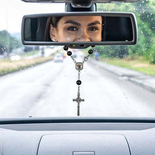 Saint Christopher Rosary for Car Rearview Mirror Glass Pearl Beads Catholic One Decade Auto Rosary for Women Men Religious Gift (Black) by TALISMAN4U - Used condition - Image 4