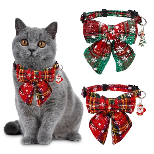 PEUTIER 2pcs Christmas Cat Collar, Xmas Kitten Plaid Collars (Red, Green)