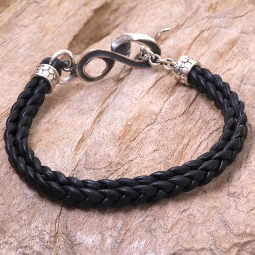 NOVICA Men's .925 Sterling Silver Brown Leather Braided Bracelet With Hook Clasp, 8.75"