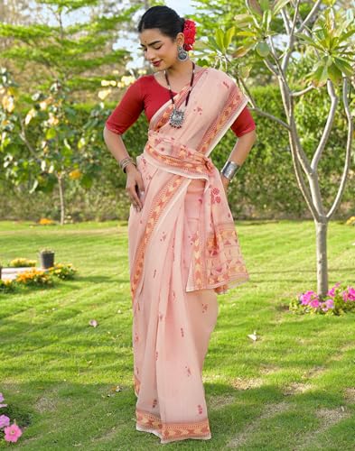 Image of SIRIL Women's Cotton Linen Mekhela Chador Printed Saree with Unstitched Blouse Piece