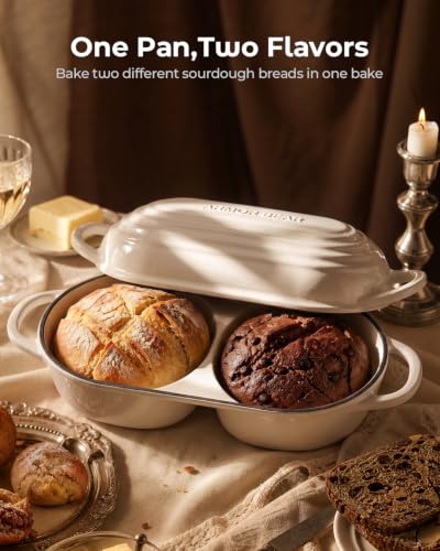 Image of Mini Double Dutch Oven for Sourdough, Enameled Cast Iron Bread Pan, White | Double Loaf Bread Pan with Lid, Mini Sourdough Dutch Oven for Bread Baking