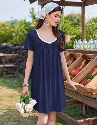 Image of Ekouaer Nightgowns for Women Pleated Night Shirts Short Sleeve Sleep Shirts Lace Trim Night Gown Ladies Soft Sleep Dress Navy Blue
