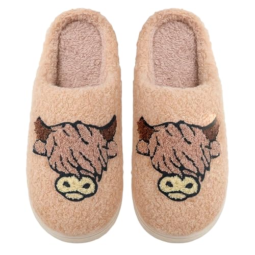 QhgPnt Highland Cow Slippers for Women Warm and Cozy Christmas Slippers with Non-Slip Sole Unique Highland Cow Gifts Ladies Warm Cozy Comfy Winter Bedroom Shoes for Indoor Outdoor