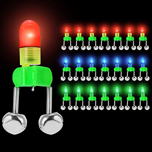 Kailund 21Pcs Fishing Bells LED Rod Tip Lights for Night - Clip on Bait Alarms with Dual Metal Alert Bells for Ice Fishing - 3 Colors (7 Red, 7 Green, 7 Blue)