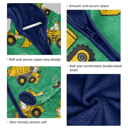 Construction Vehicles on Green Toddler Fleece Jacket Girl Boys Hooded Fleece Jacket Coat Warm Outwear Zip-up 3-10T3