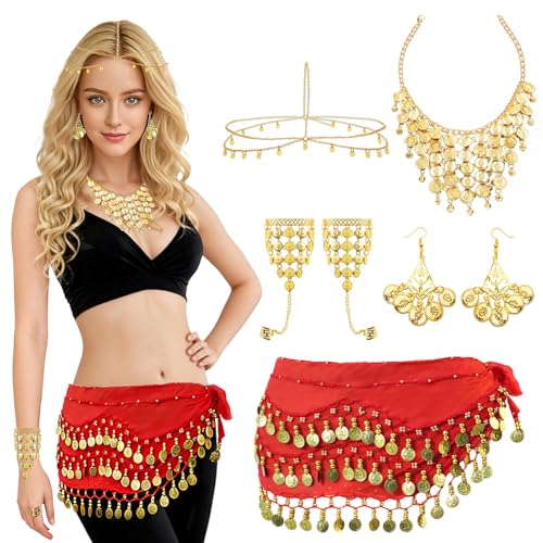 Baisdan 7 Pièces Ensemble de Bijoux pour Danse du Ventre avec Ceinture Danse Orientale à Pièces Dorées, Chaîne Frontale, Collier, Boucles d‘Oreilles et...