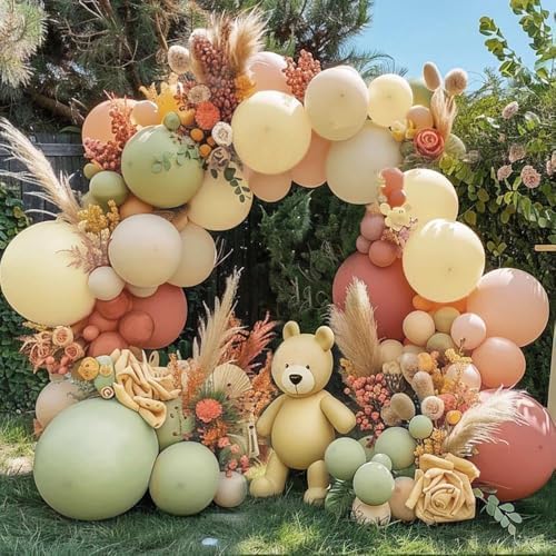 Dusty Pink Yellow Green Balloon Arch, Double Stuffed Pastel Sage Light Yellow Peach White Sand Mauve Fall Balloon Garland Kit for Bear Baby Shower Birthday Wedding Floral Pumpkin Party Decoration