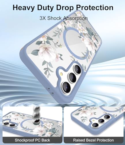 Image of VONZEE Compatible with Samsung Galaxy S25 Plus 5G Case Luxury Retro Flowers Floral for Magnetic Wireless Charging Clear Case Shockproof PC+TPU Cute Glossy Shiny Cover for Girls Women,Official Blue