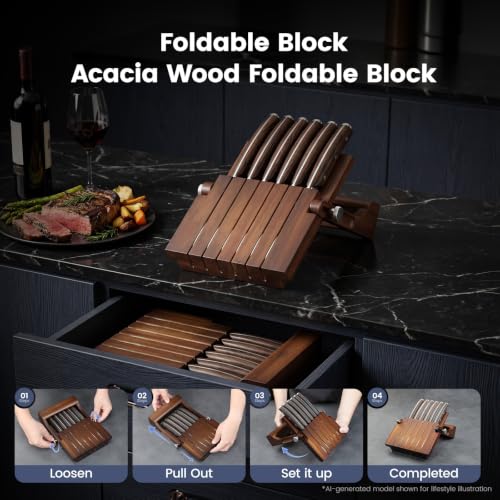 Image of SYOKAMI 2026 Upgrade Steak Knives Set of 6 with Acacia Wood Foldable Block