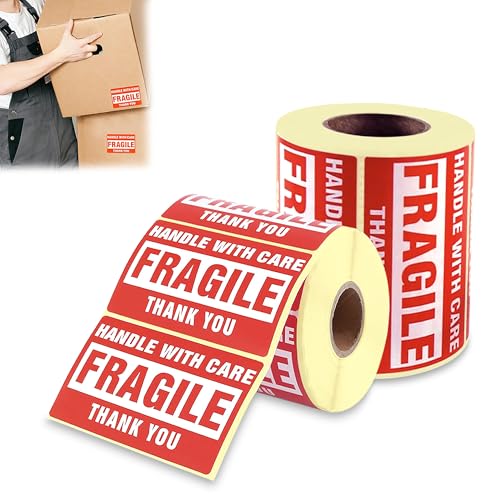 GLUN® Fragile Handle with Care Stickers, Red Warning Labels with Strong Adhesive for Shipping, Packing & Moving, Size 60x40 mm