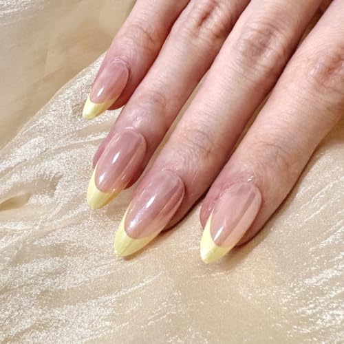 24 PCS Yellow French Tip Press On Nails Pink Chrome Nails Mirror ...