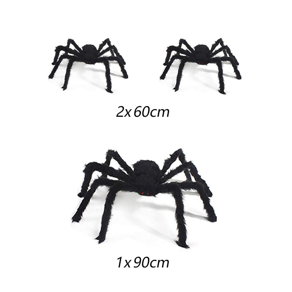 CHBOP 3 PCS(150cm,120cm,90cm) Halloween Giant Large Big Spiders Decoration Set，Scary Large Realistic Hairy Spider for Indoor, Outdoor, Window, Roof, Tree, Yard, Costume Party Decoration(Black)