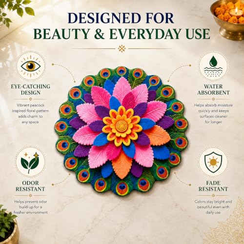 Image of JD FRESH 3D Rangoli Design Door Mat, Colorful Non-Slip 3D Bathroom Mats, Machine Washable, Water Absorbent Floor Carpet for Entryway, Bathroom, Living Room & Bedroom(80 x 80 Cm)