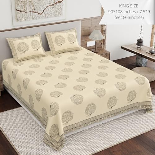 Image of Living Roots Ethnic Jaipur Block Print Double Cotton Bedsheet & 2 Pillow Covers, for Mattress Upto 6 inches Thick, No Colour Bleeding, Grey Colour, King Size 90 * 108 inches, 120TC (605-C)
